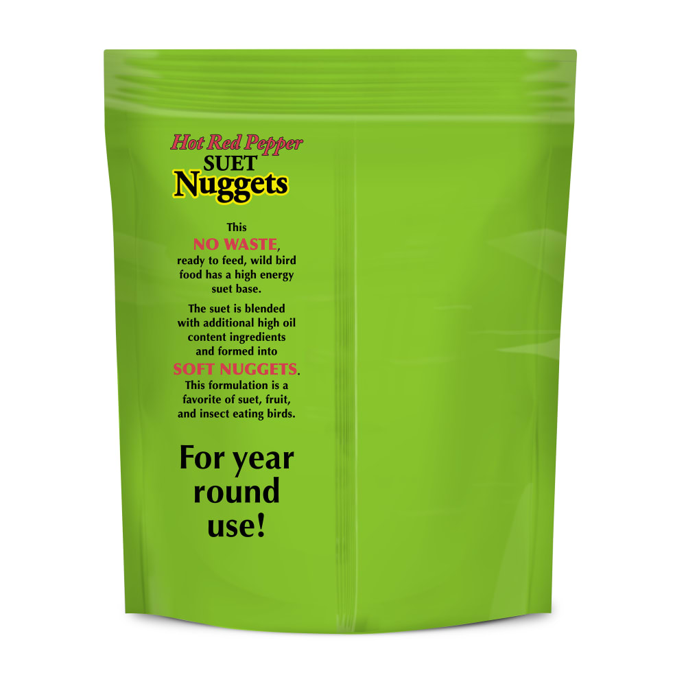 Back of retail packaging for C&S Hot Pepper Suet Nuggets