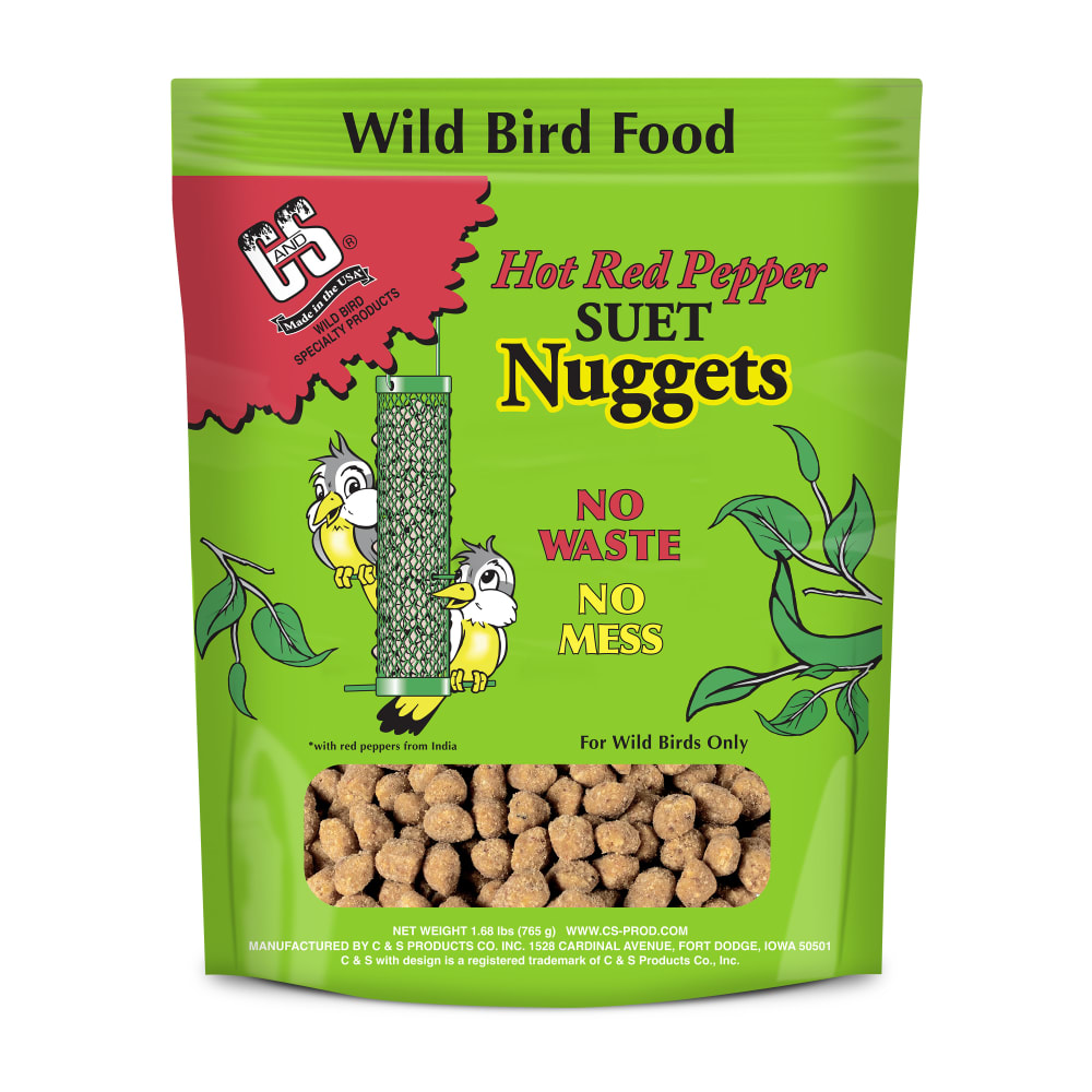 Front of retail packaging for C&S Hot Pepper Suet Nuggets