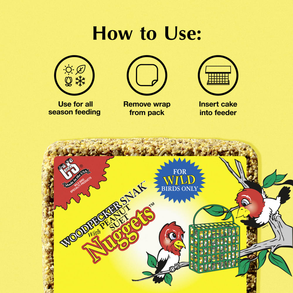 Directions for use for  C&S  Woodpecker Snak with Peanut Suet Nuggets