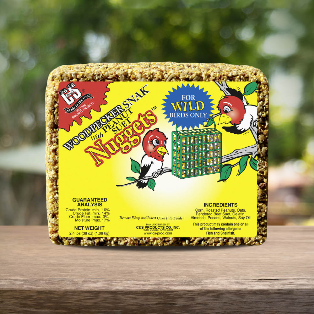 Up close shot of C&S  Woodpecker Snak with Peanut Suet Nuggets on table