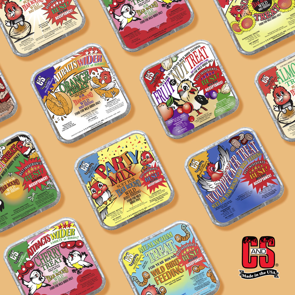 Image of suet treats in several different flavors displayed on an orange background