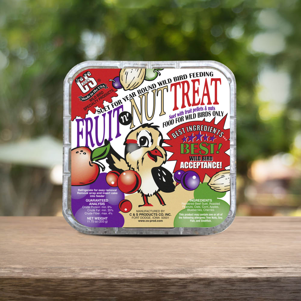 Image of the C&S Fruit n' Nut Suet Treat retail packaging on a wooden table