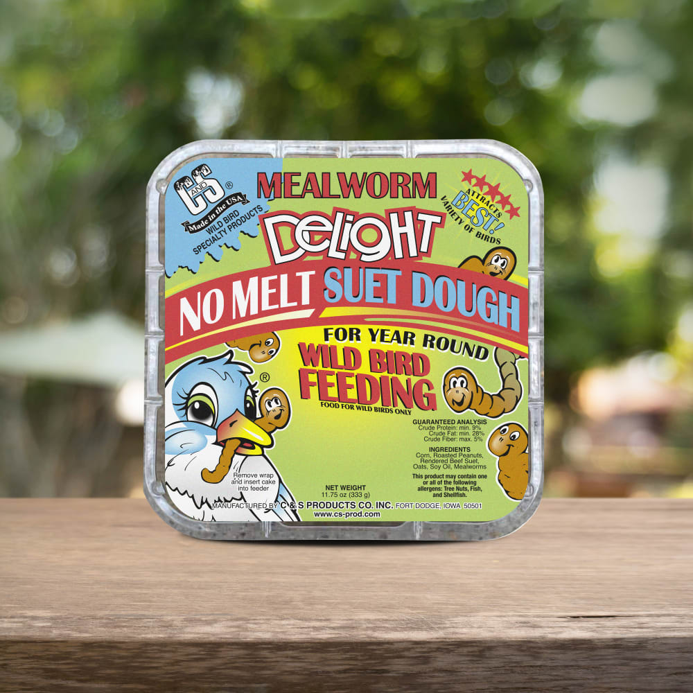 Image of the C&S Mealworm Delight No Melt Suet Dough retail packaging on a wooden table