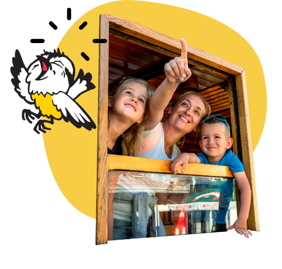 mom and kids with cartoon bird